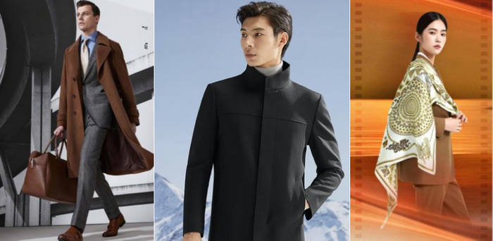 　　报喜鸟羊毛外套、码尚3D羽绒科技保暖大衣、隆庆祥500周年定制丝巾