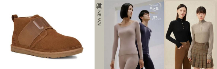 　　UGG男士休闲雪地靴、内外远红外线发热保暖内衣、哥弟羊毛针织衫