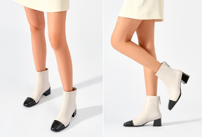 　　NineWest玖熙时装靴女2022年秋冬款拼色粗跟短靴后拉链真皮靴子