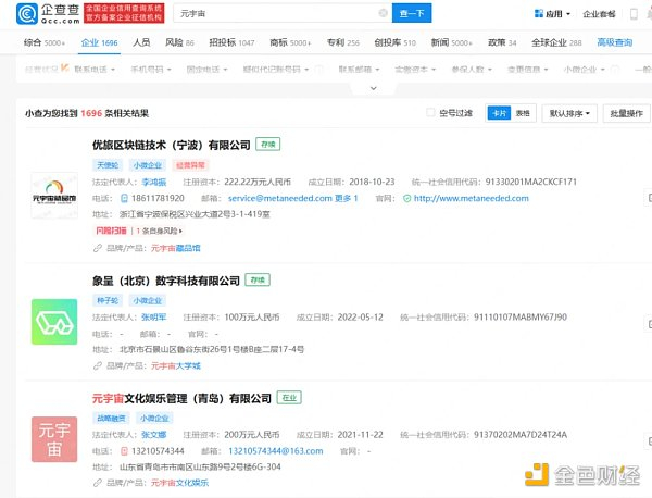 图：据企查查网站显示，搜索“元宇宙”关键词，全国已有超1600家公司布局元宇宙相关业务。来源：企查查