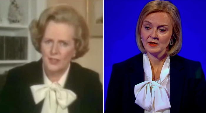 　·特拉斯（右）的着装和撒切尔夫人几乎一模一样。