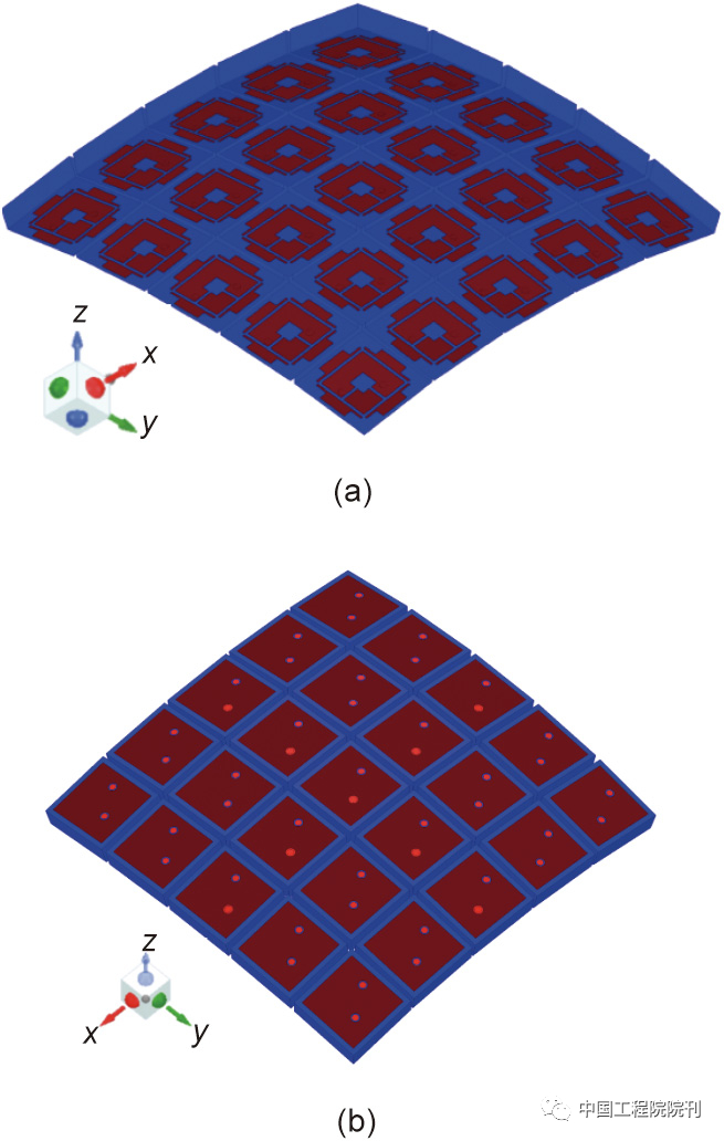 图9. 5 × 5共形数组。（a）底视图；（b）俯视图。