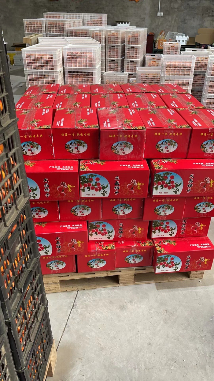 仓库里打包好的火晶柿子 图源：受访者提供