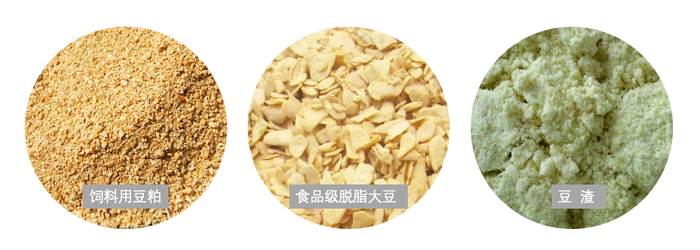 　　食品级脱脂大豆、饲料级豆粕、豆渣形态上区别巨大