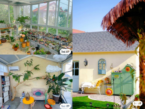 　　建成后的“云中小院”：左上阳光花房，左下猫屋，右小院外景