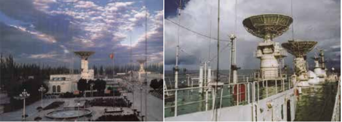 新疆喀什航天跟踪测量站（左）和航行在大洋上的“远望号”航天测量船（右）。图片来源：中国载人航天工程网。