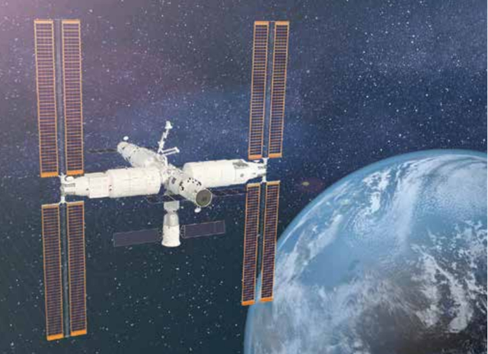 中国空间站建成后在轨飞行三维模拟图。