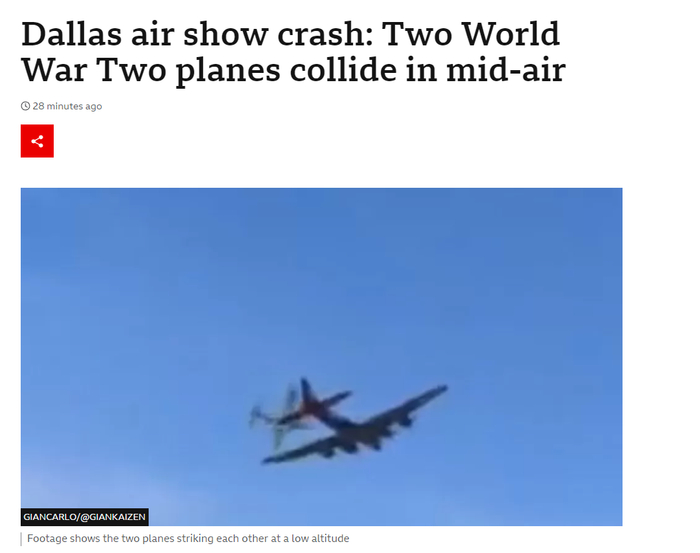 BBC：达拉斯航空展坠毁（事件），两架二战期间飞机在空中相撞 （图片来源：环球网）