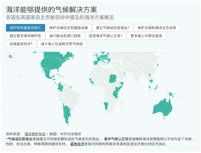 ▲&nbsp;登录中外对话海洋网站，通过交互地图查看全球不同国家提及的各类海洋气候解决方案