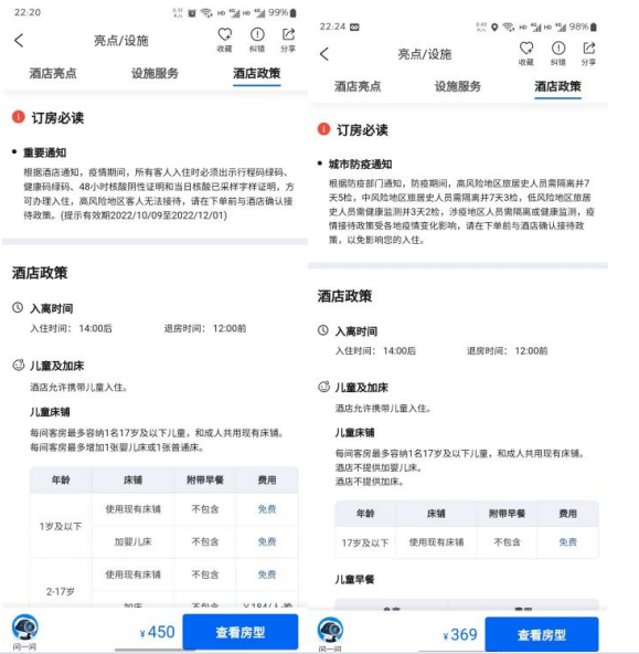 图片来源：OTA酒店政策截图
