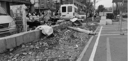  小区外乱堆放杂物，还有施工后丢下的建材。辽沈晚报记者 金国建 摄