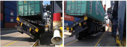 　　图：集装箱卡车被吊起的事故案例图