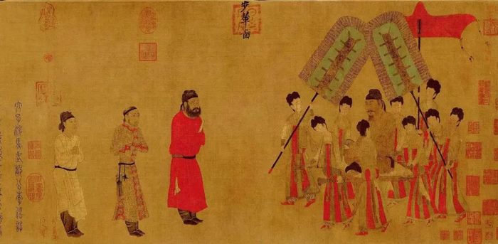 ▲唐代阎立本《步辇图》绢本，现存于北京故宫博物院，记录了汉藏民族交往的重要事件。