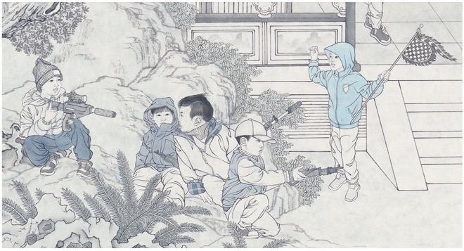 　　图 2 《新百子图》枪战局部