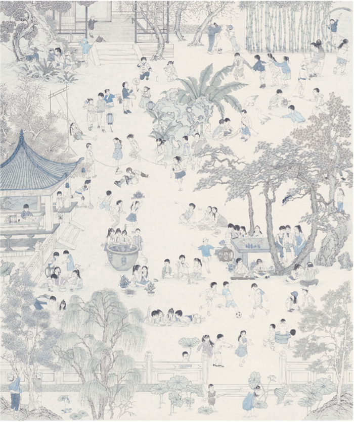 图 1新百子图 225×186厘米纸本淡设色 2022年