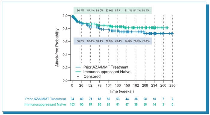 　　图 1.有/无免疫抑制剂治疗史患者接受伊奈利珠单抗治疗后维持无发作的几率