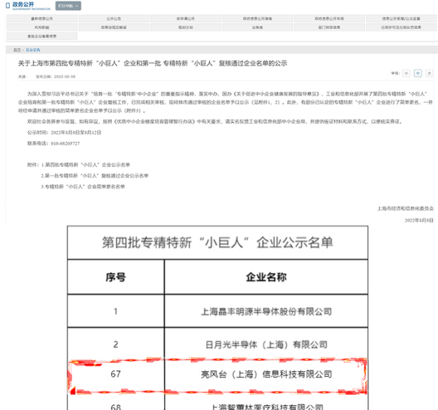 　　8月，亮风台上榜国家级专精特新小巨人认定名单