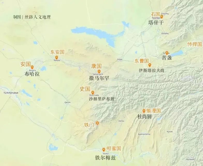 ▲唐代昭武九姓诸国示意图。（图片来源：丝路人文地理）