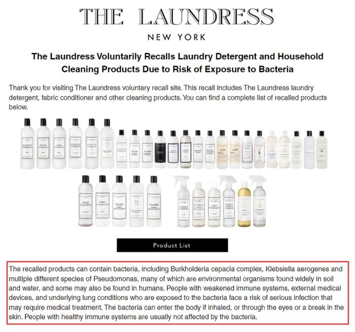 The Laundress Recalls Laundry Detergent and Household Cleaning Products Due  to Risk of Exposure to Bacteria