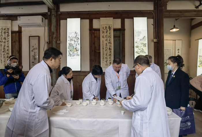 审评组专家现场对茶叶进行测评。