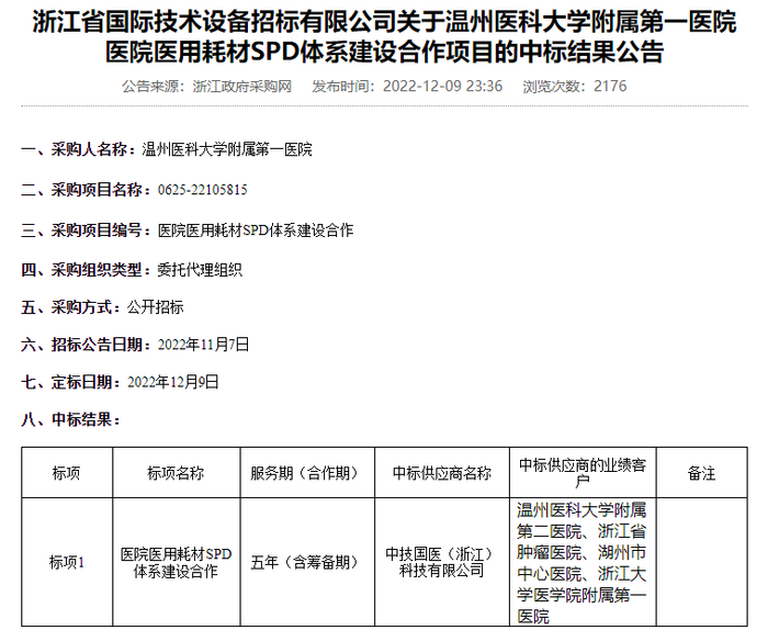 　　温医大附一院中标公告