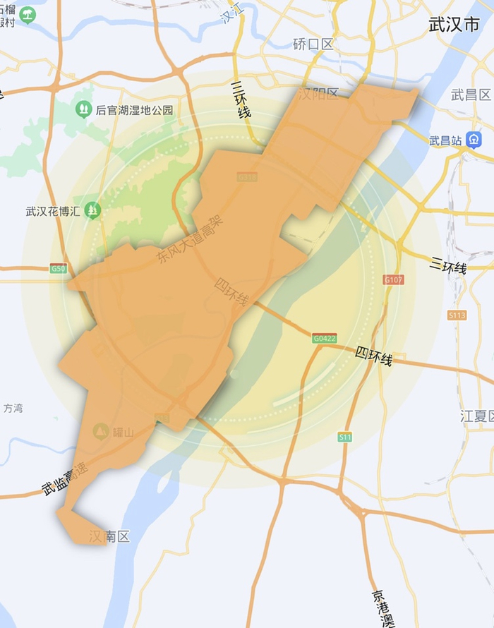 百度Apollo在武汉运营范围情况；图片来源：百度