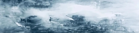 　　水韵青花山水,34.5 cm x 138cm,纸本水墨,2021年,许振