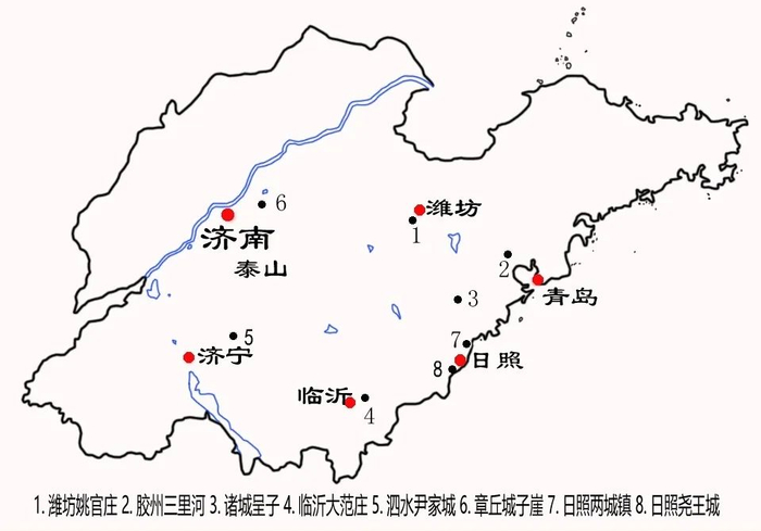 ▲出土蛋壳黑陶主要遗址分布示意图。