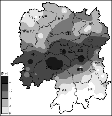 图为2月18日至23日过程最大积雪深度分布图（单位：厘米）