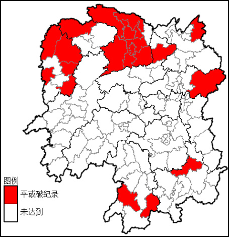 图为7月8日至8月30日高温最长持续时间平或破纪录县市区（上）极端最高气温平或破纪录县市区（下）