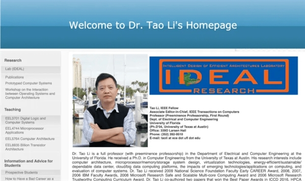 此前李涛在佛罗里达大学实验室的个人主页，现已无法访问。