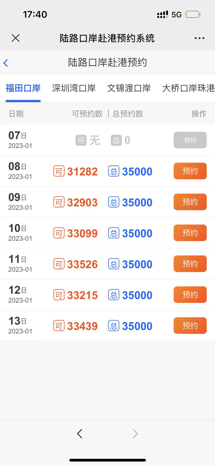 1月7日内地居民于福田口岸赴港预约界面