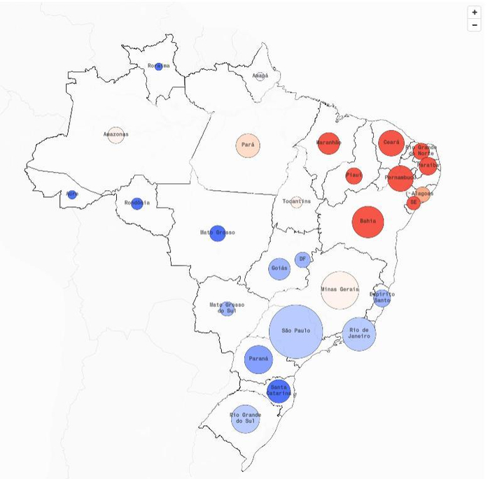 2022年巴西大选结果，蓝色为支持博索纳罗的地区，红色为支持卢拉的地区 图片来源：彭博社