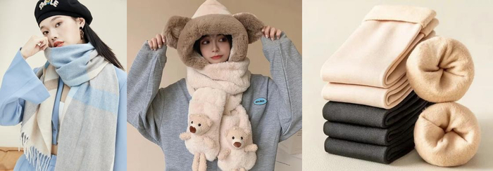 　　CACUSS羊毛围巾、浪莎三合一保暖帽、南极人加绒保暖袜