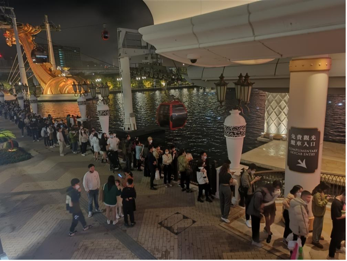 永利皇宫缆车区，排队中的人群 财联社记者摄