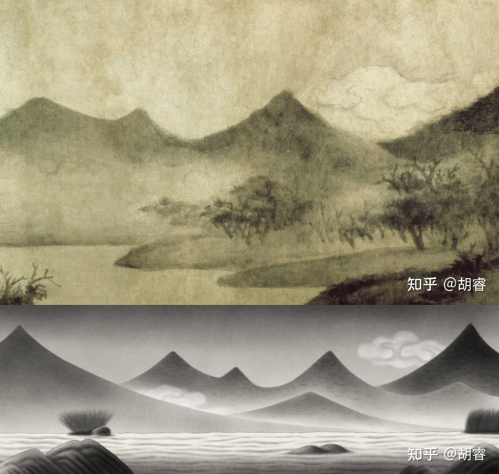  米友仁《潇湘奇观图》（上）和《鹅鹅鹅》仿米氏云山（下）对比（图源： 《鹅鹅鹅》导演胡睿知乎回答）