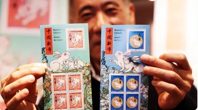 （法国华人艺术家陈江洪设计的兔年邮票，来源：新华社）