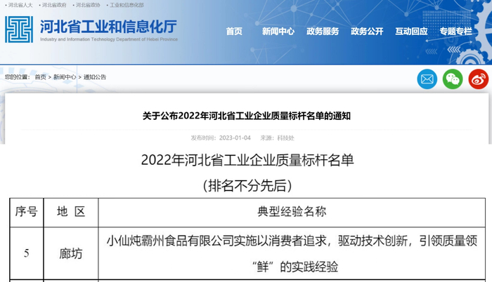 （小仙炖鲜炖燕窝入选“2022年度省级工业企业质量标杆”）