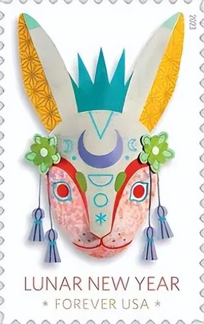（美籍华裔插画家 Camille Zhou 设计的兔年邮票，来源：美国邮政总局）
