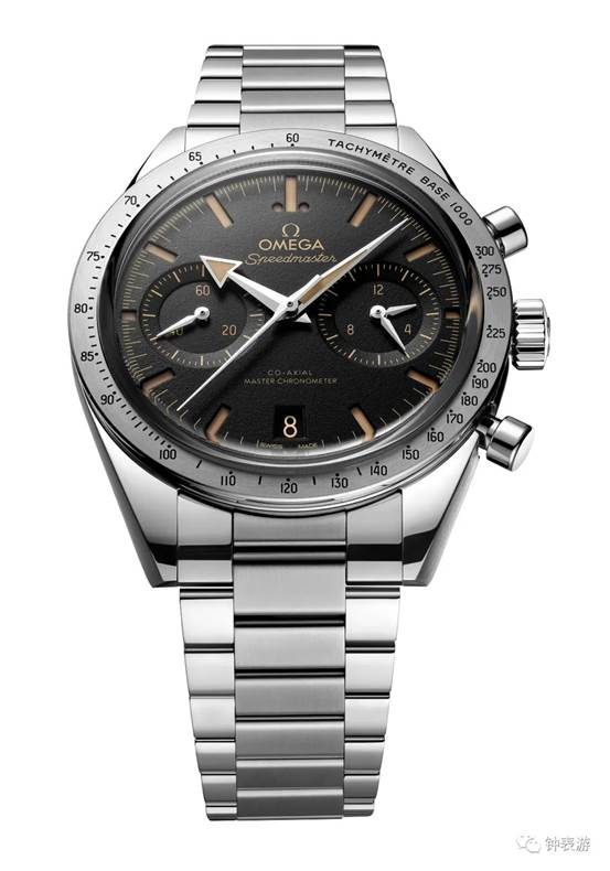 　　▲最新款欧米茄超霸’57腕表，黑色盘面、复古色时标和指针