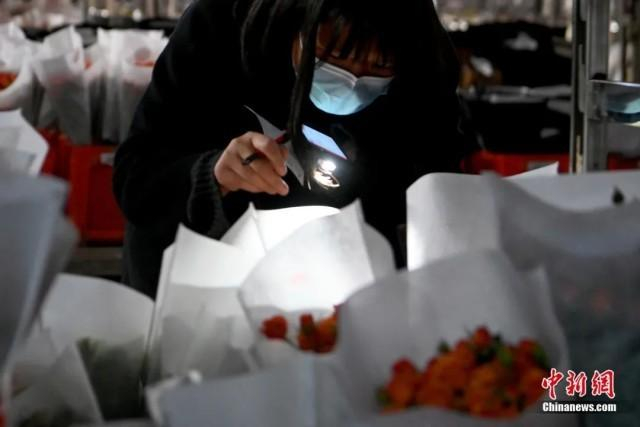 近日，昆明国际花卉拍卖交易中心有限公司交易运输仓库内，工作人员检查鲜切花品质。中新社记者 李嘉娴 摄
