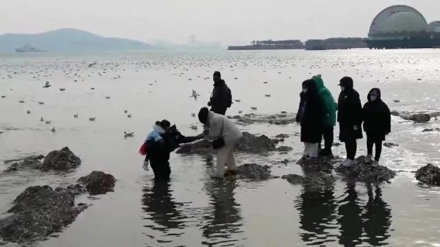 汪先生背起女童。网信青岛供图