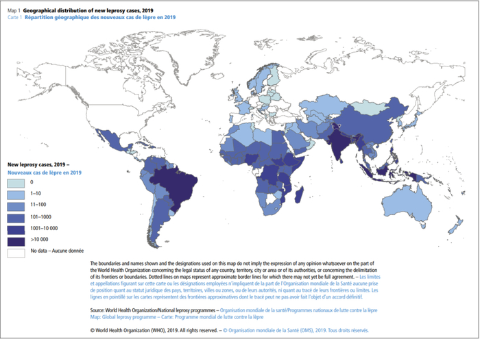 2017年世界卫生组织公布的全球麻风地图 图源：World Health Organization