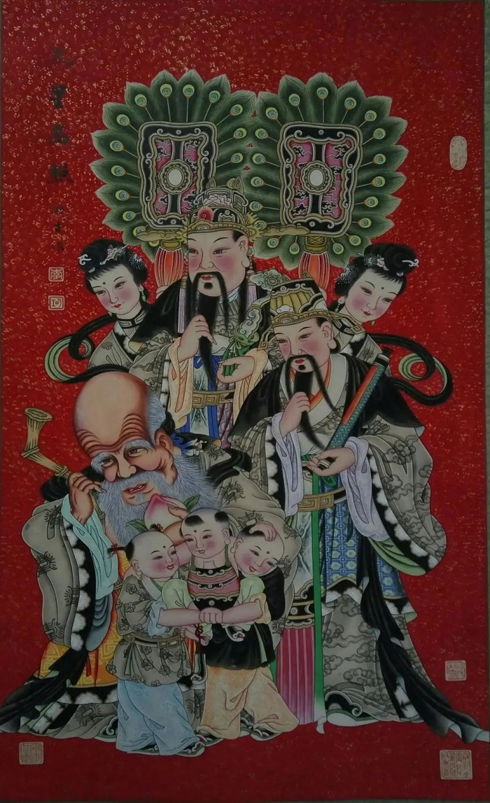 ▲四川绵竹中堂年画《三星高照》。