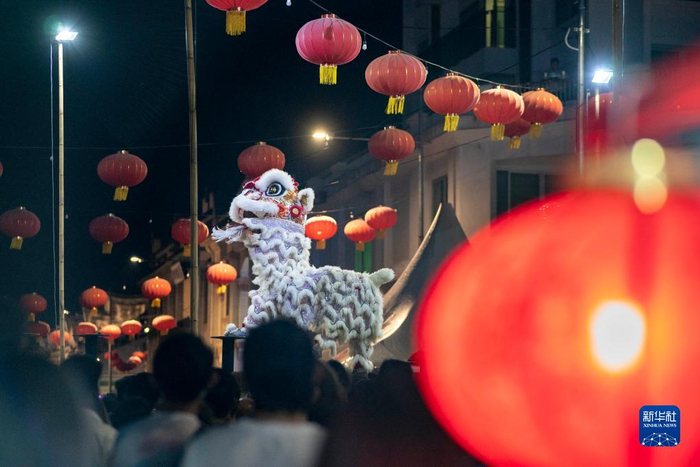 这是1月28日在马来西亚槟城州首府乔治市举行的槟城庙会上拍摄的舞狮表演。 新华社发（张纹综摄）