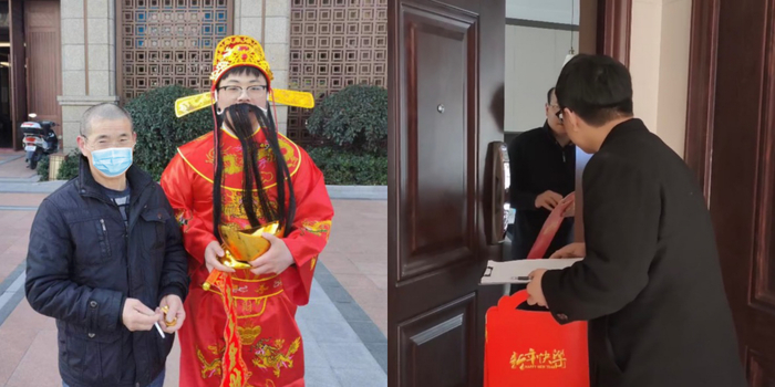图：“00”后物业人许曹洁年初五为业主“送福”