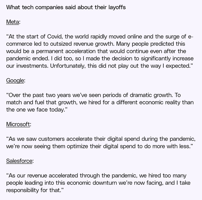 各家针对裁员发布声明中的理由 | 图源：The Verge