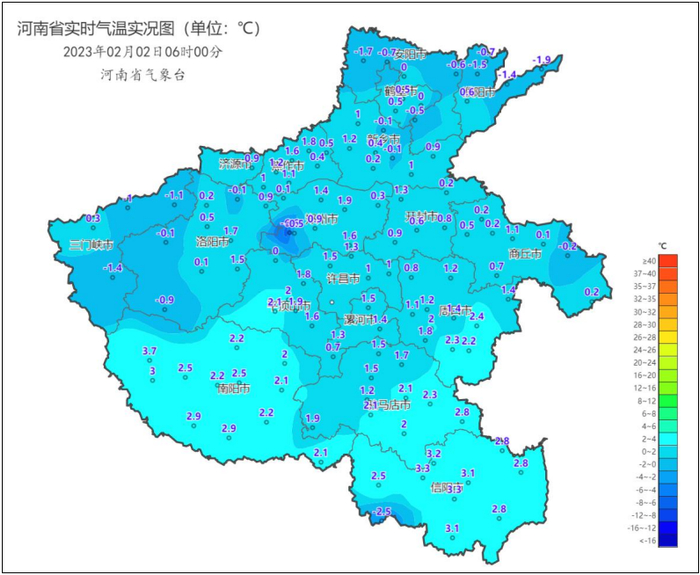 图3 2023年2月2日6时河南省实时气温分布图