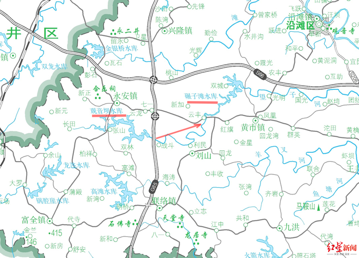 ↑沿滩区水系图（部分） 