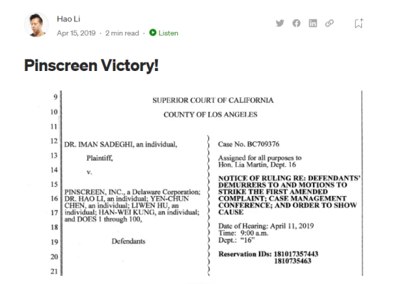 黎颢发文宣布Pinscreen取得了胜利